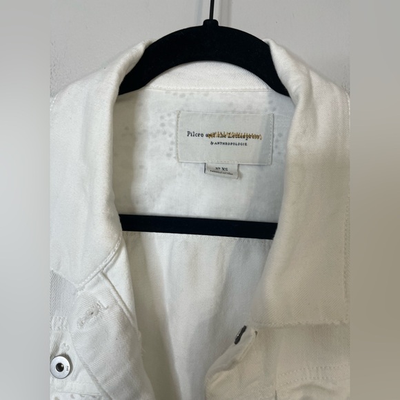 Anthropologie white Stretch Denim Eyelet Lace Trim Denim Jacket XS Fits Large - Picture 6 of 15